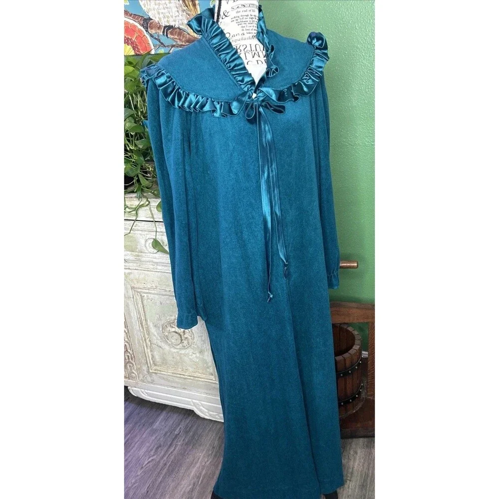 Vtg Teal JC Penny Housecoat-S Ruffle Collar Granny 80s Victorian Cottage